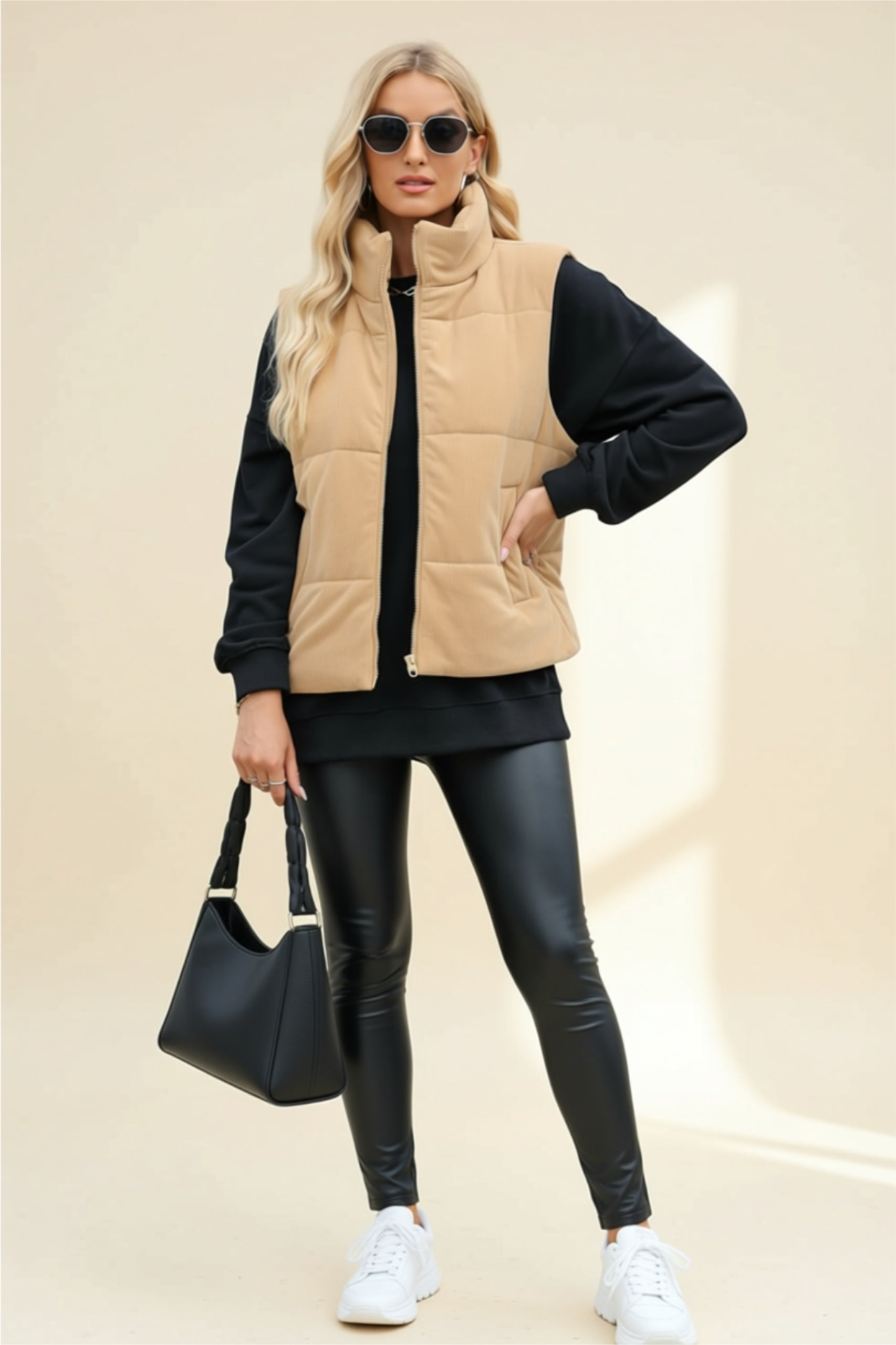 Dusty Pink Zip-Up Puffer Vest with Pockets