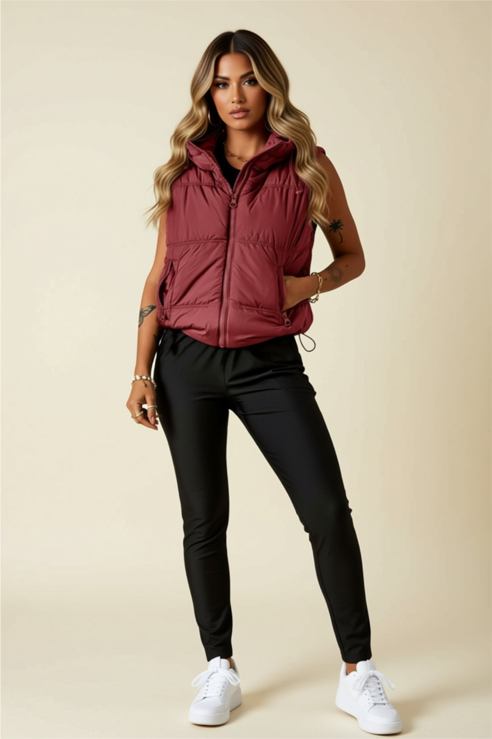Burgundy Zip-Up Puffer Vest with Pockets