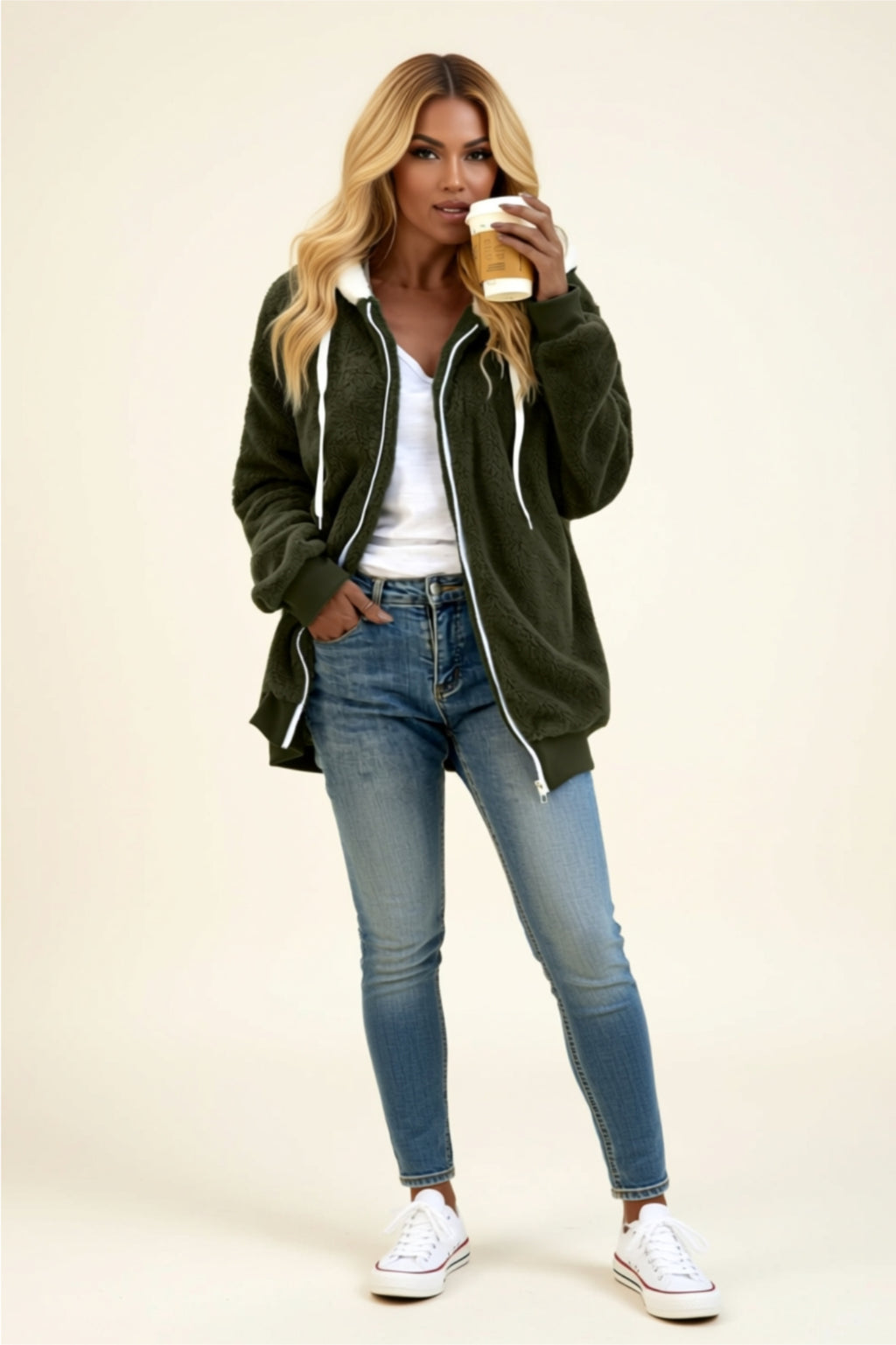 Fleece Zip-Up Hoodie with Drawstring