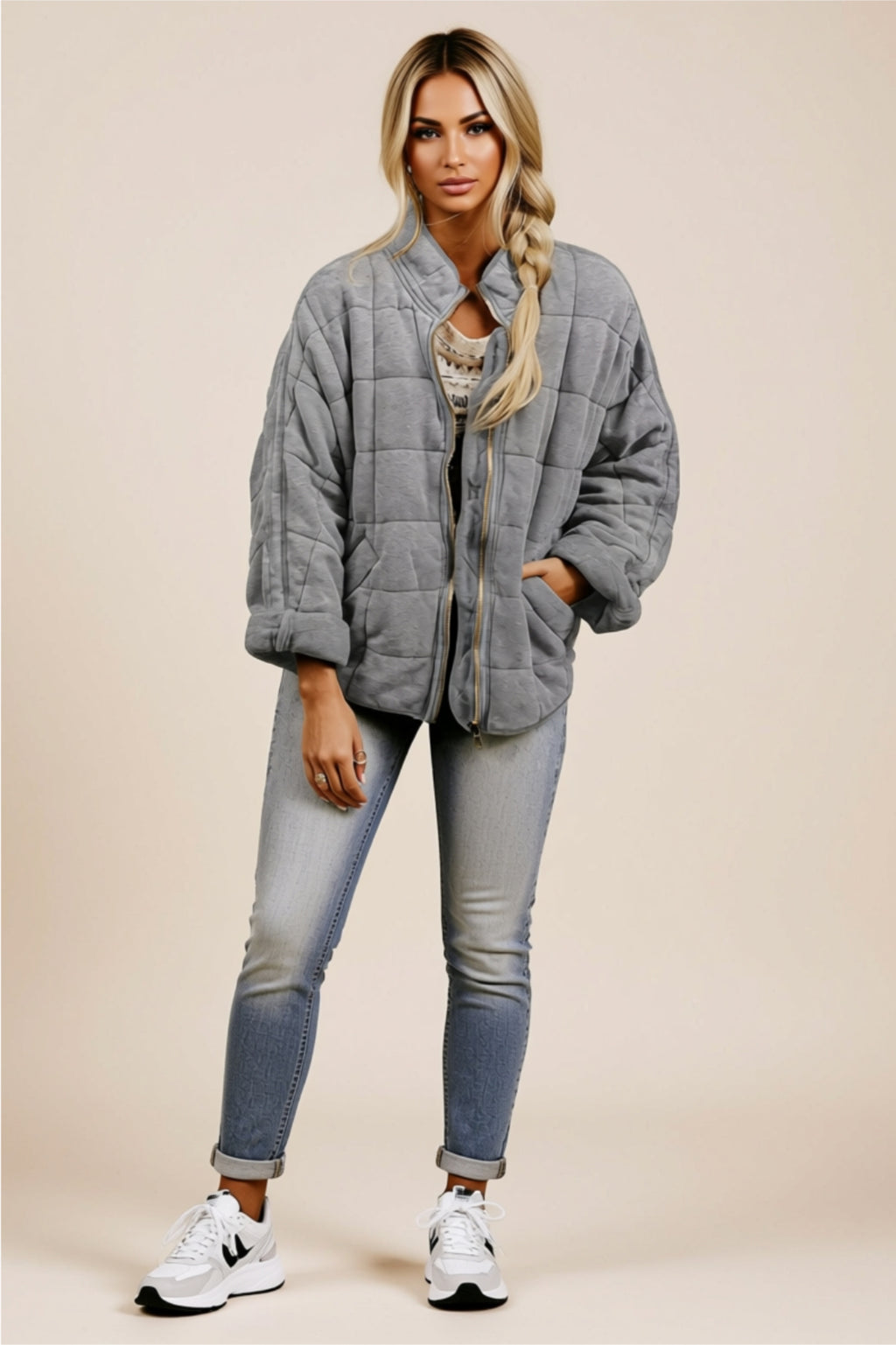 Oversized Quilted Zip-Up Jacket with Pockets