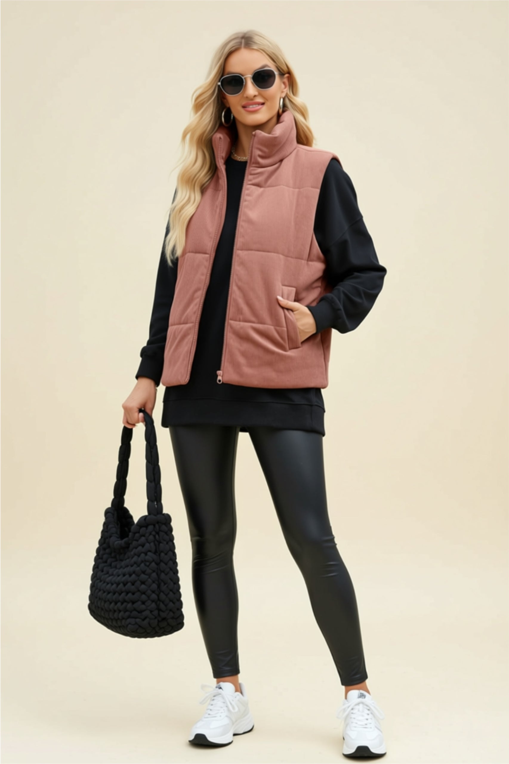 Dusty Pink Zip-Up Puffer Vest with Pockets