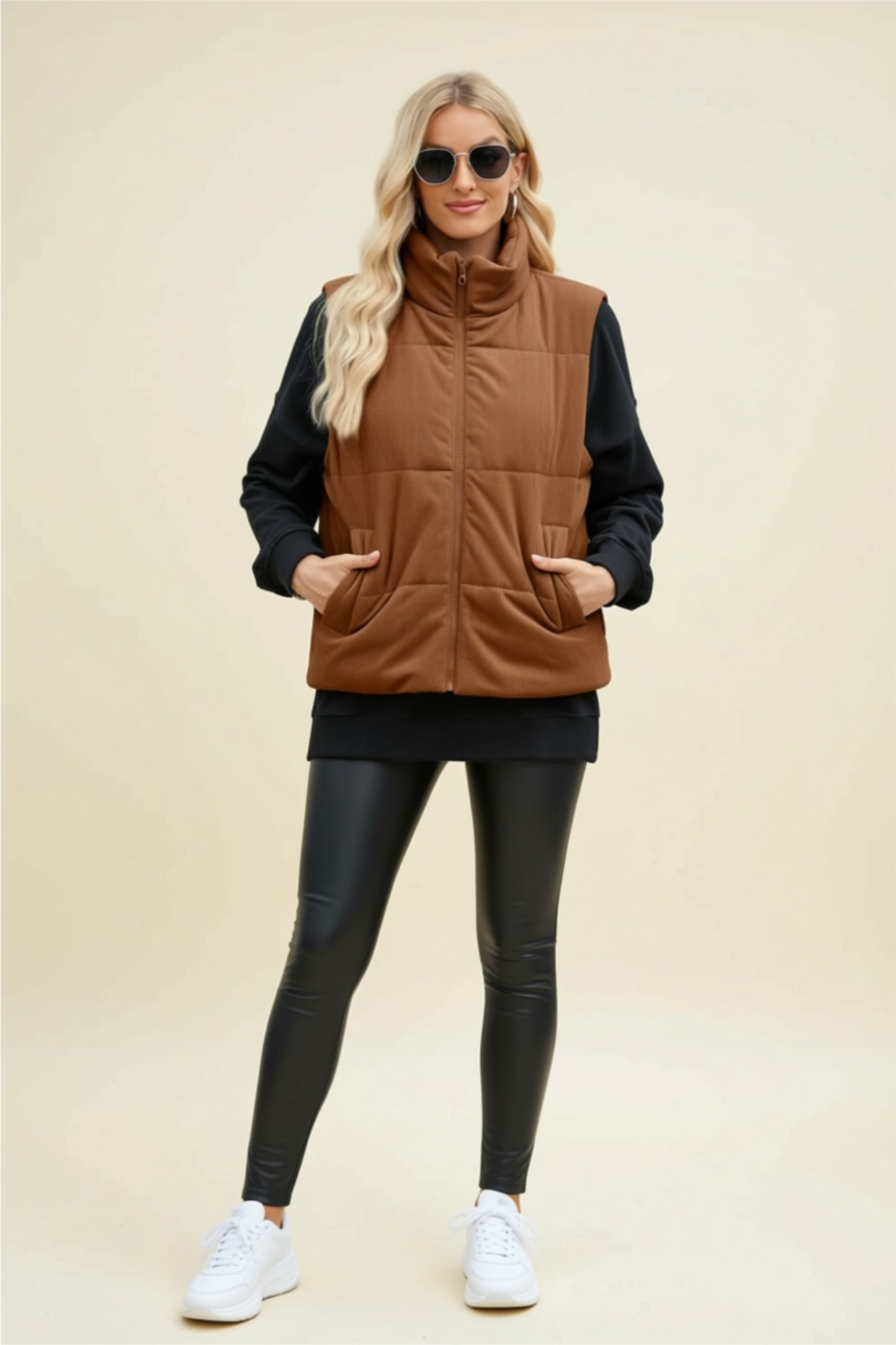 Dusty Pink Zip-Up Puffer Vest with Pockets