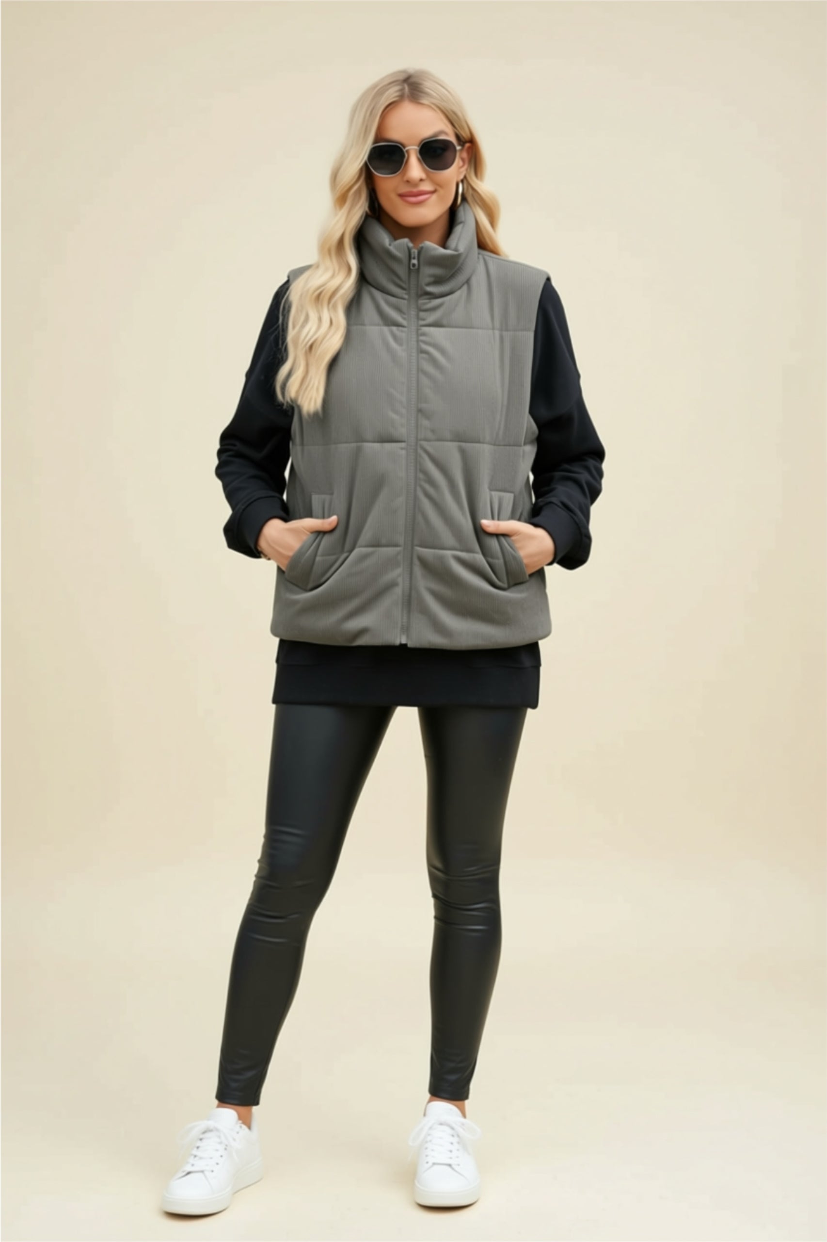 Dusty Pink Zip-Up Puffer Vest with Pockets