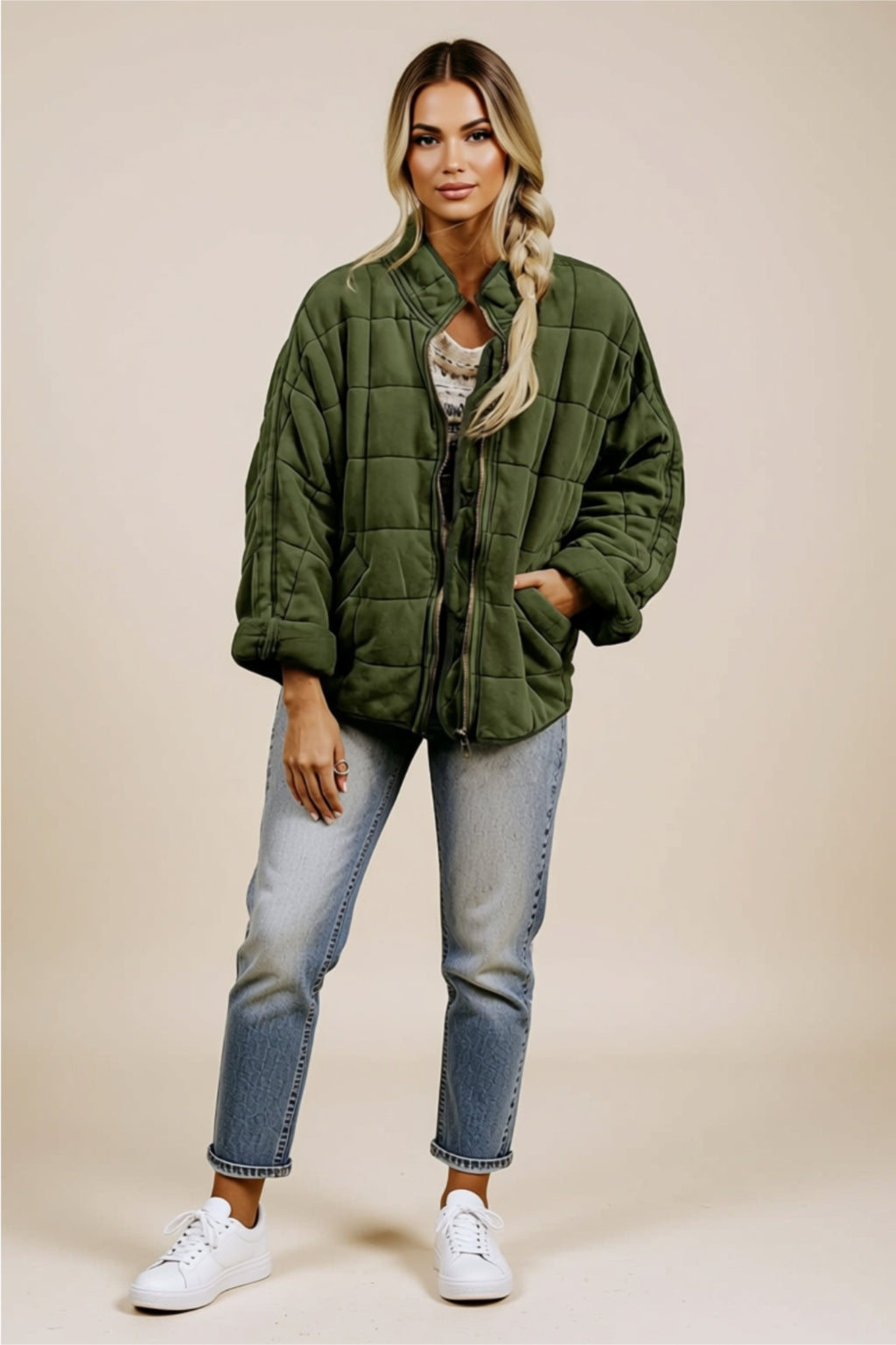 Oversized Quilted Zip-Up Jacket with Pockets