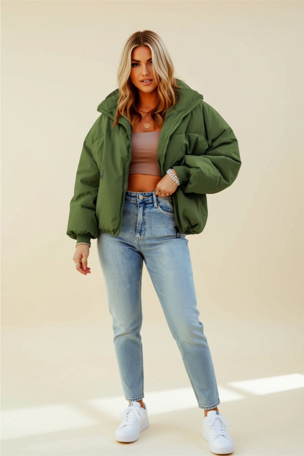 Thick Puffer Jacket with Zip Closure