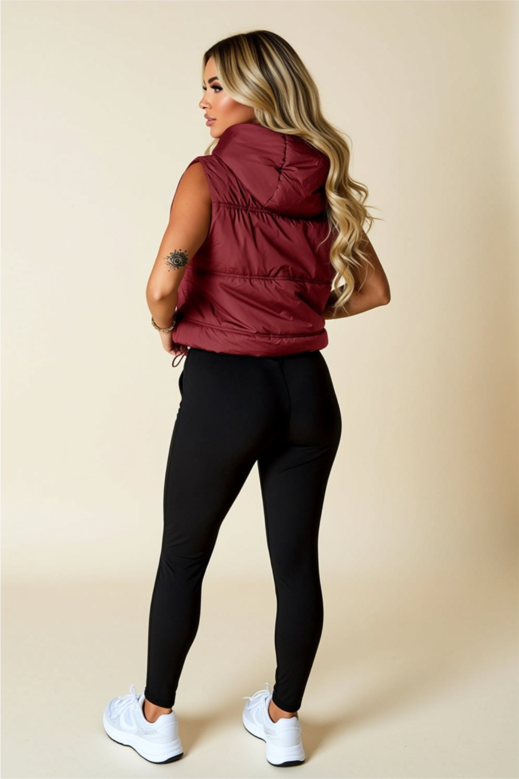 Burgundy Zip-Up Puffer Vest with Pockets