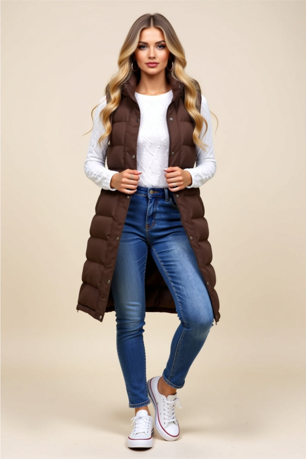 Longline Puffer Vest with Snap Buttons & Pockets