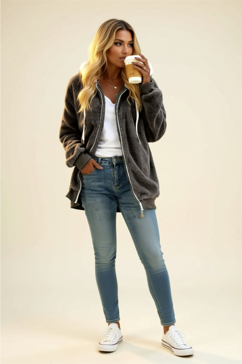 Fleece Zip-Up Hoodie with Drawstring