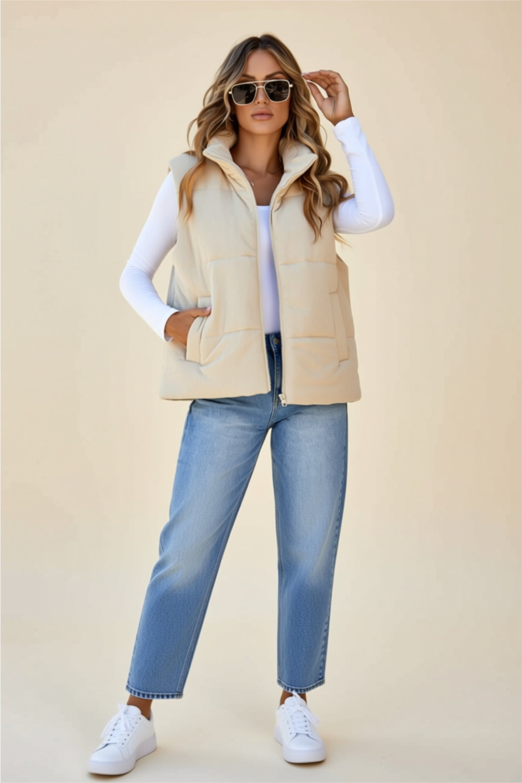 Dusty Pink Zip-Up Puffer Vest with Pockets