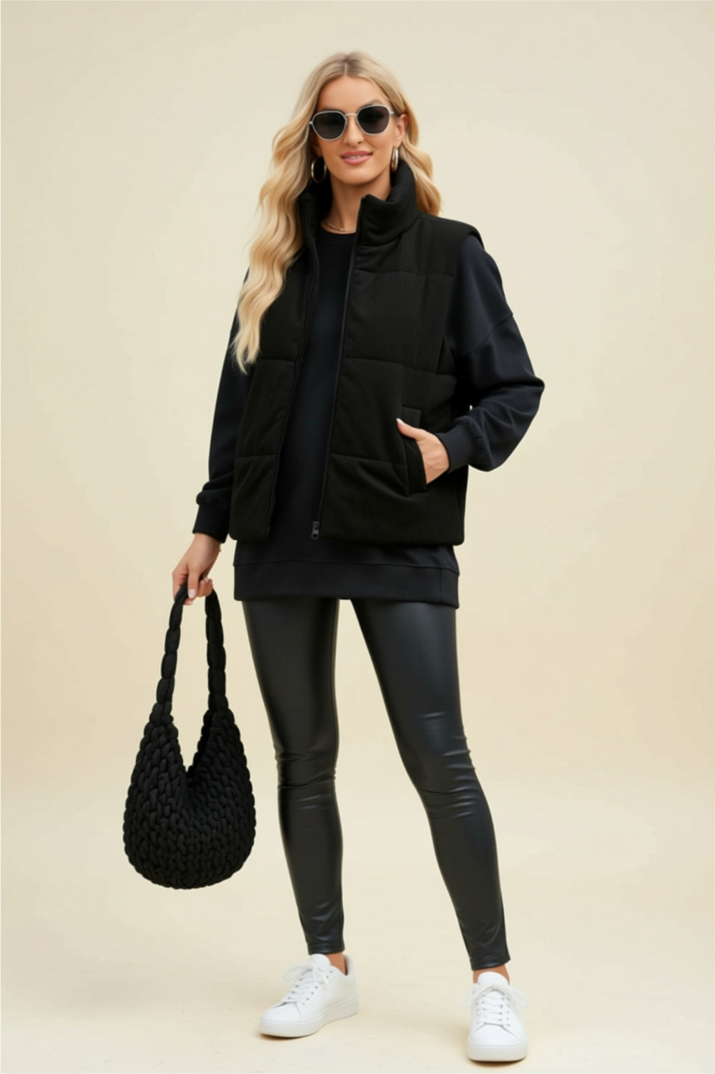 Dusty Pink Zip-Up Puffer Vest with Pockets