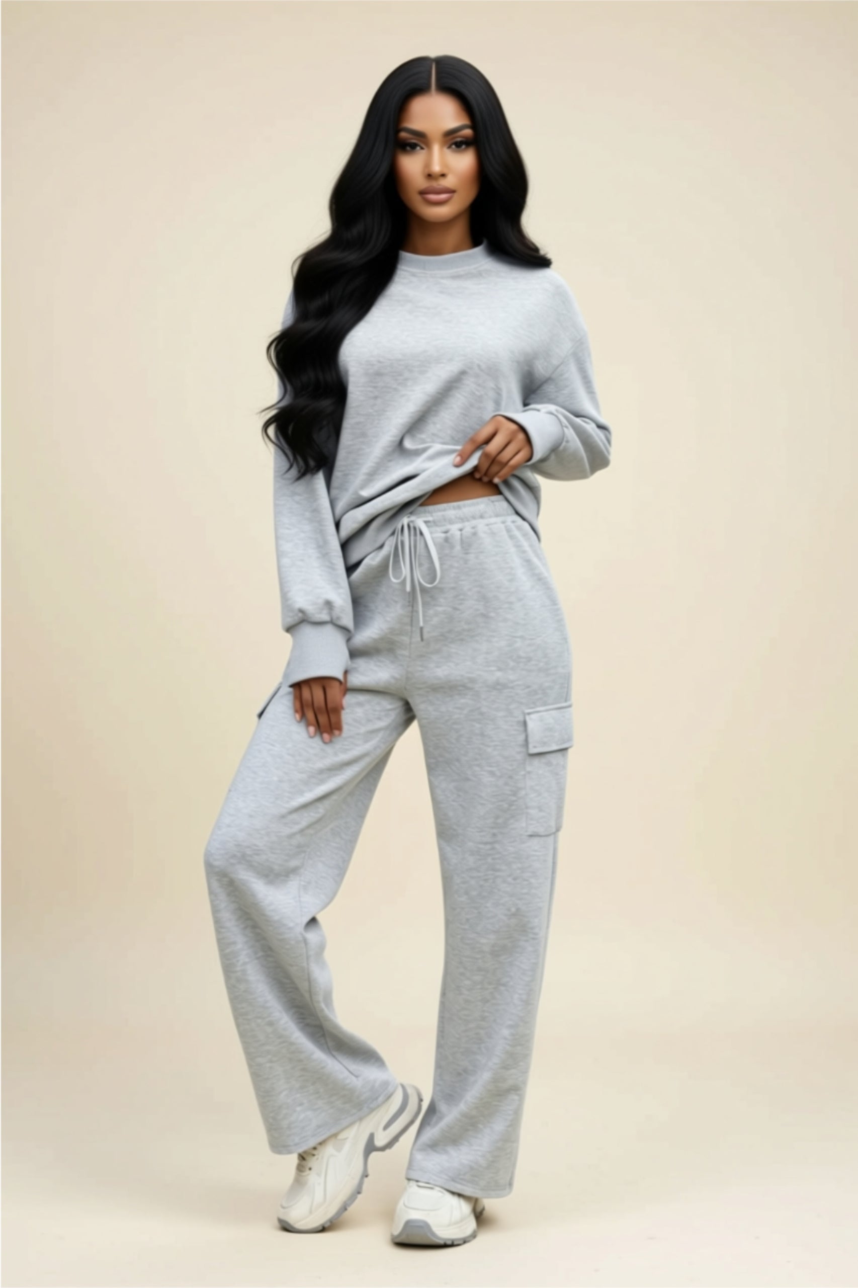Two-Piece Lounge Set with Long Sleeve Top & Pocketed Wide