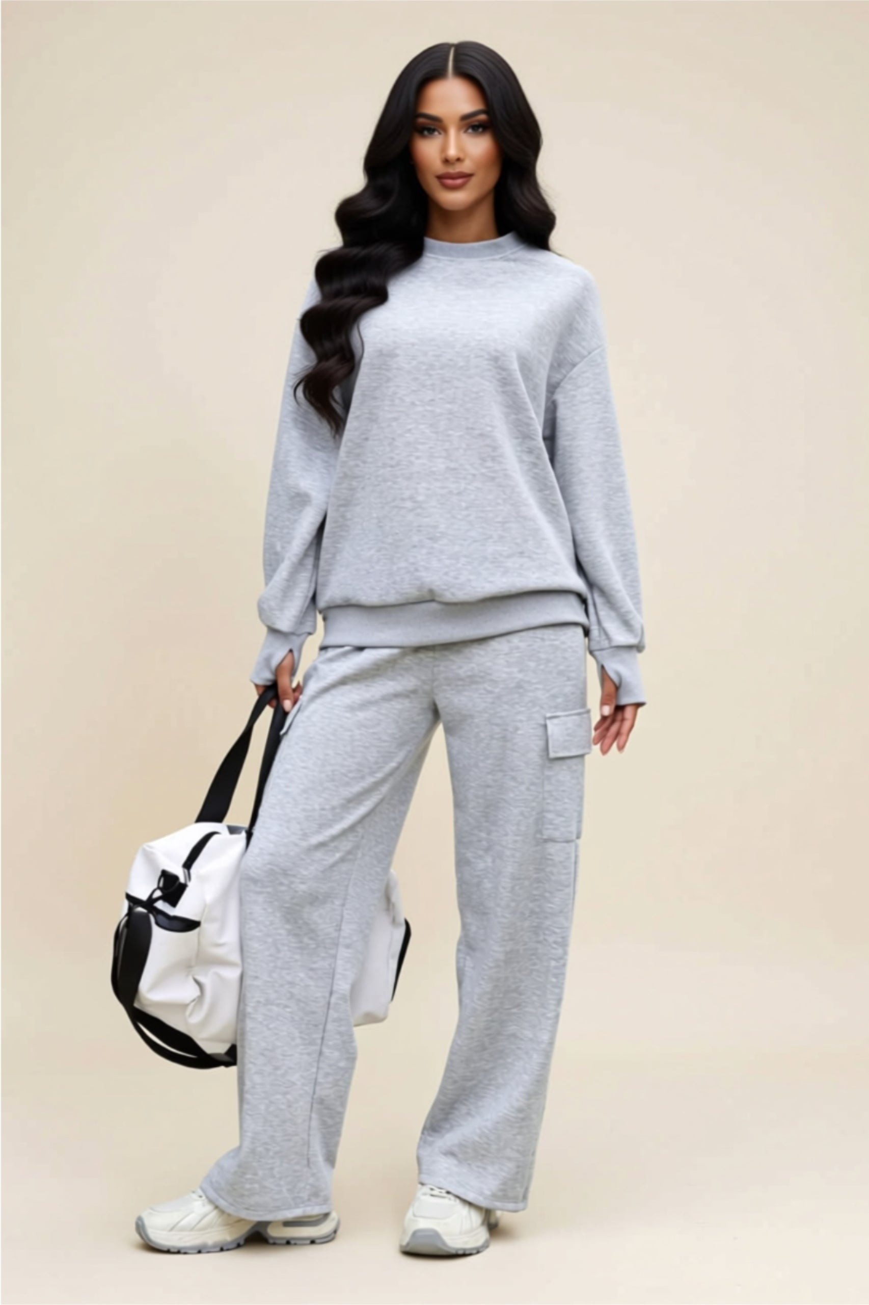 Two-Piece Lounge Set with Long Sleeve Top & Pocketed Wide