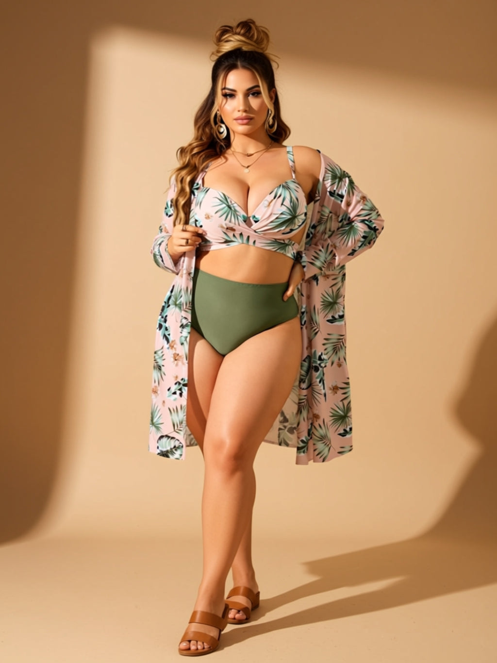Sexy Three‑Piece Printed Knit Swim Set