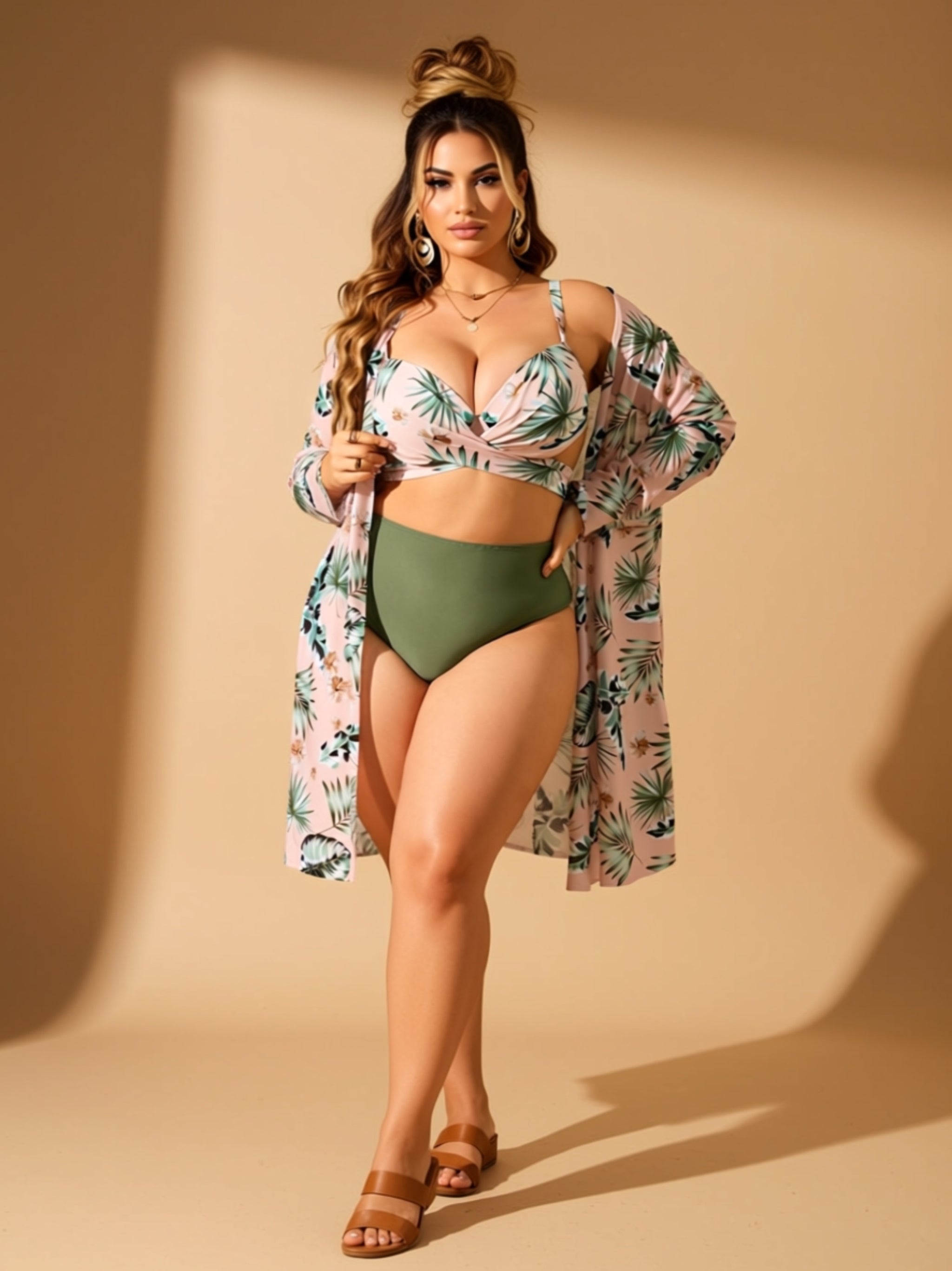 Sexy Three‑Piece Printed Knit Swim Set