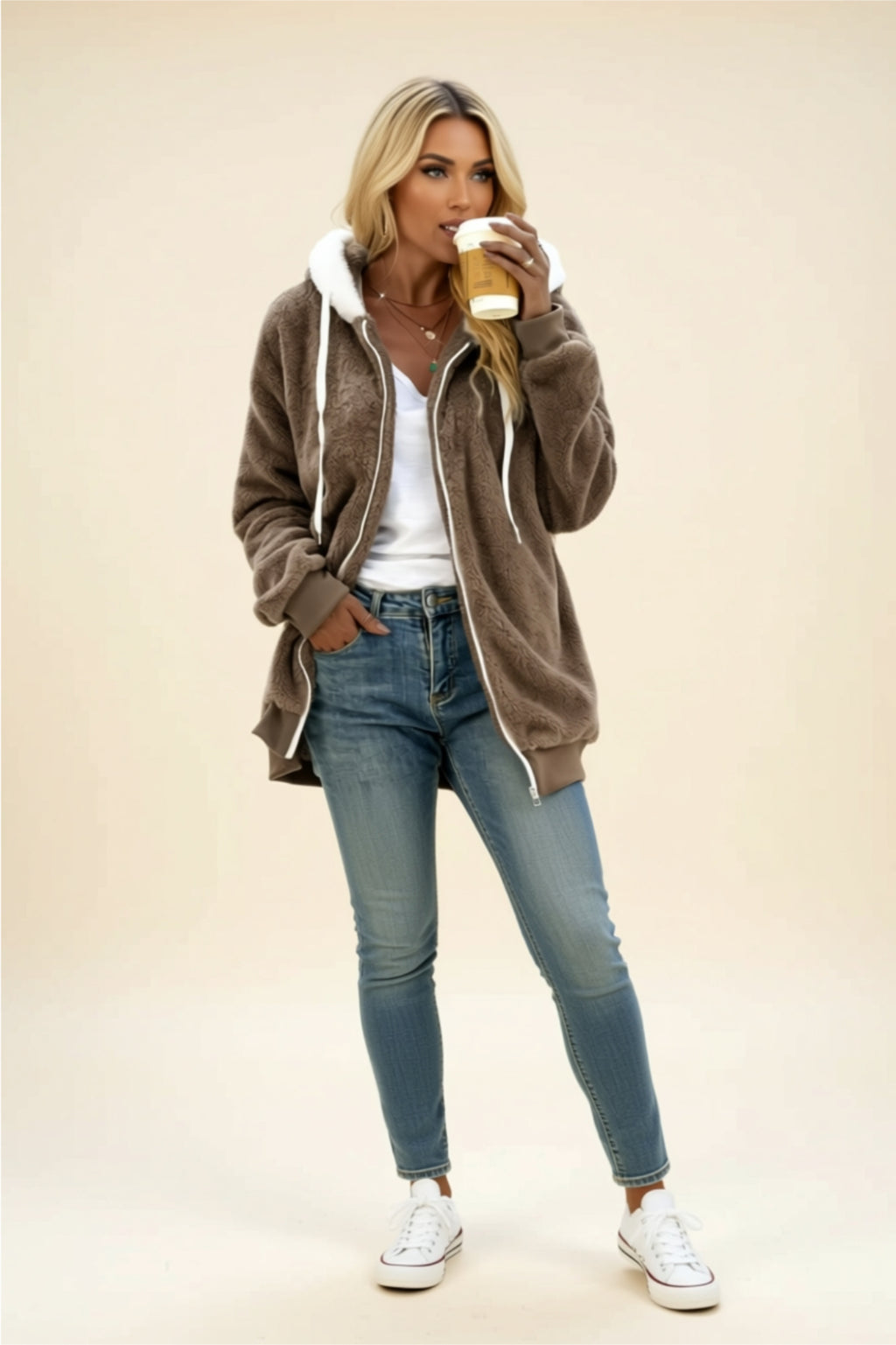 Fleece Zip-Up Hoodie with Drawstring