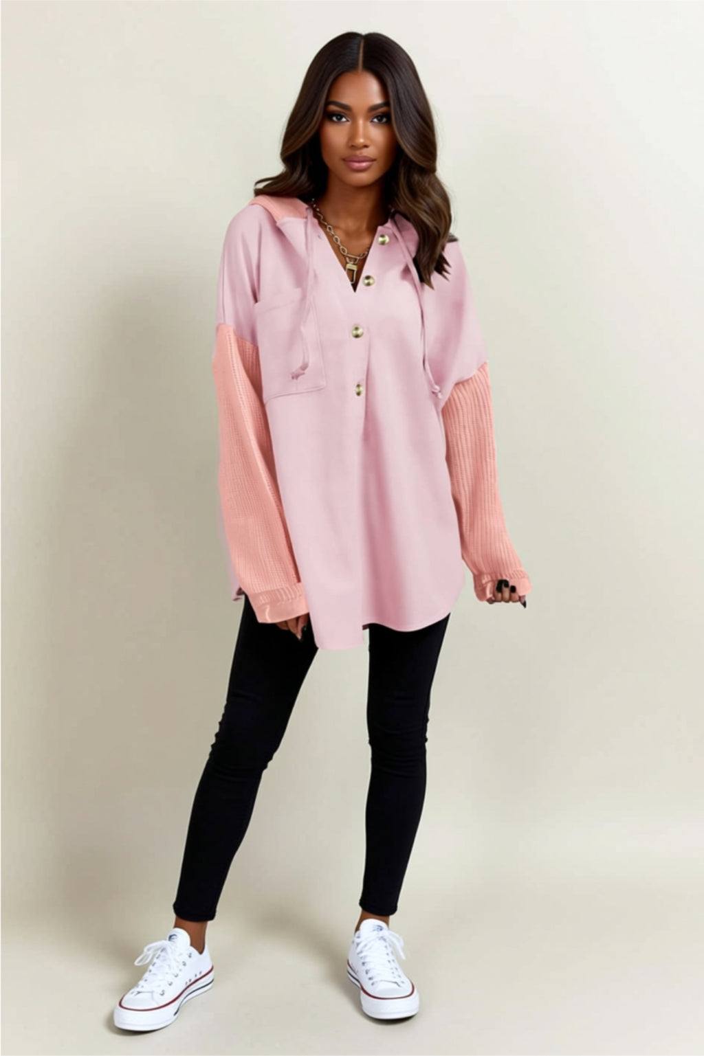 Oversized Buttoned Hoodie with Drawstring & Pockets