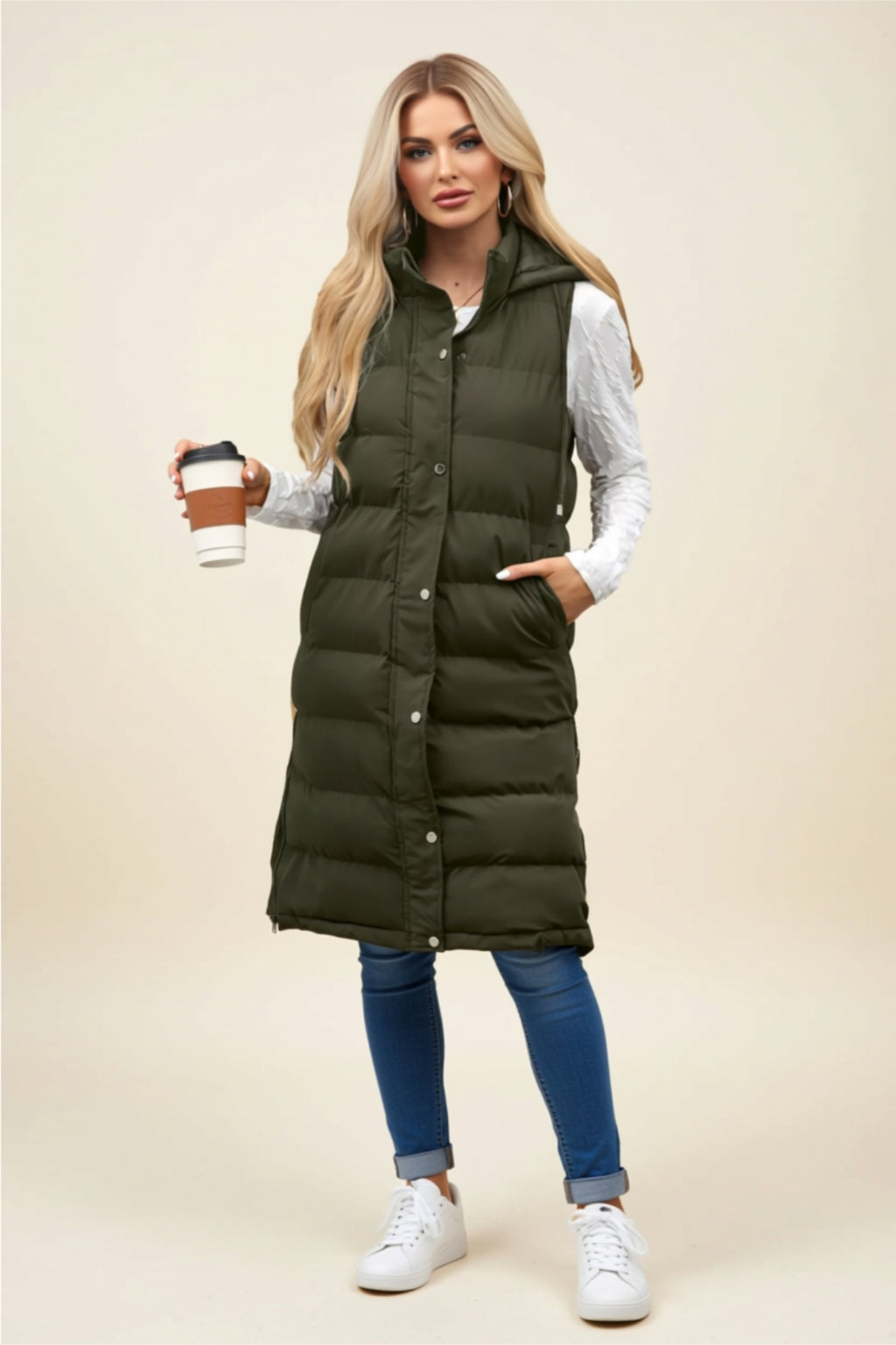 Longline Puffer Vest with Snap Buttons & Pockets