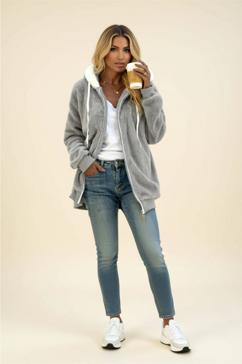 Fleece Zip-Up Hoodie with Drawstring