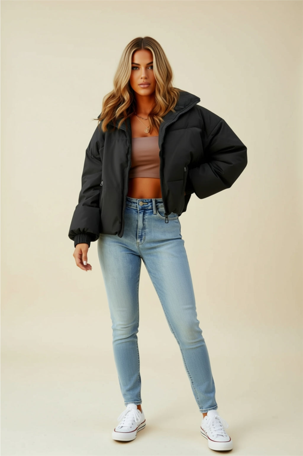 Thick Puffer Jacket with Zip Closure