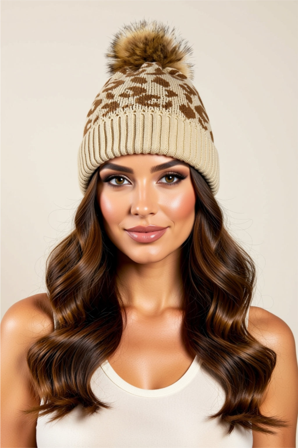 Leopard Print Knit Beanie with Faux Fur Pom
