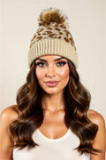 Leopard Print Knit Beanie with Faux Fur Pom