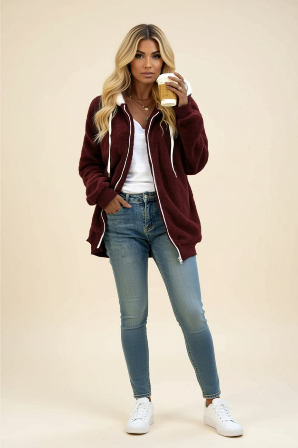 Fleece Zip-Up Hoodie with Drawstring