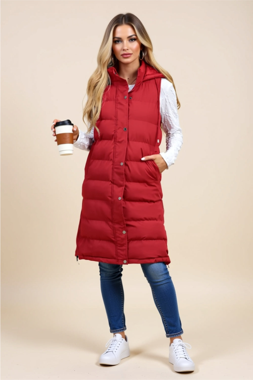 Longline Puffer Vest with Snap Buttons & Pockets