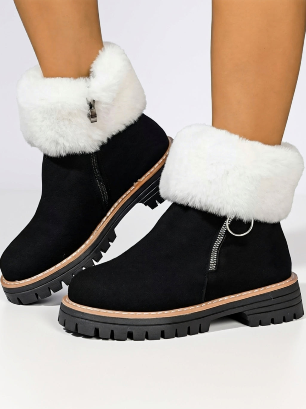 Mid‑Heel Vegan Leather Faux Fur Boots