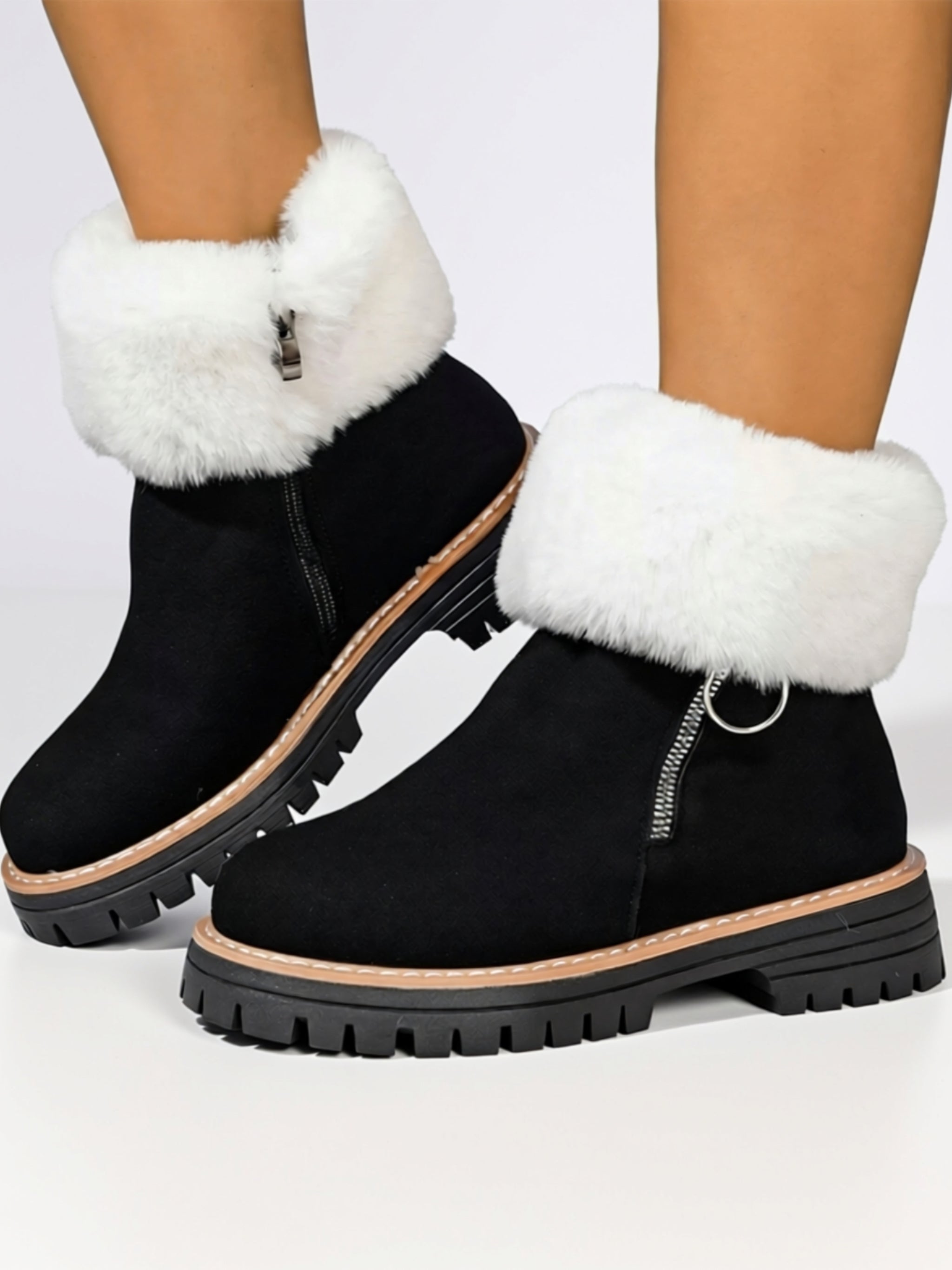 Mid‑Heel Vegan Leather Faux Fur Boots