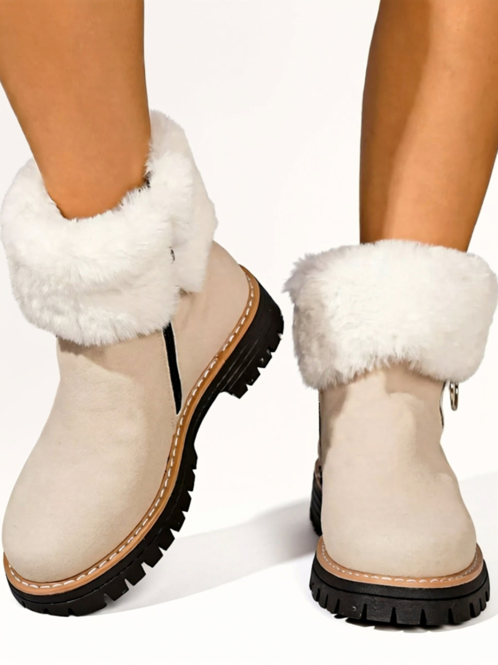 Mid‑Heel Vegan Leather Faux Fur Boots