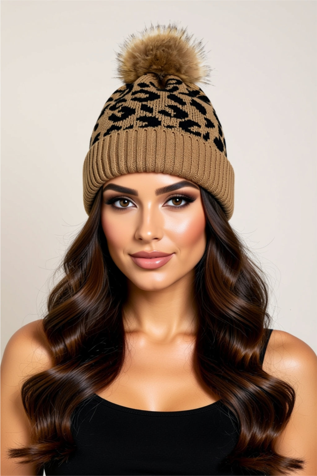 Leopard Print Knit Beanie with Faux Fur Pom