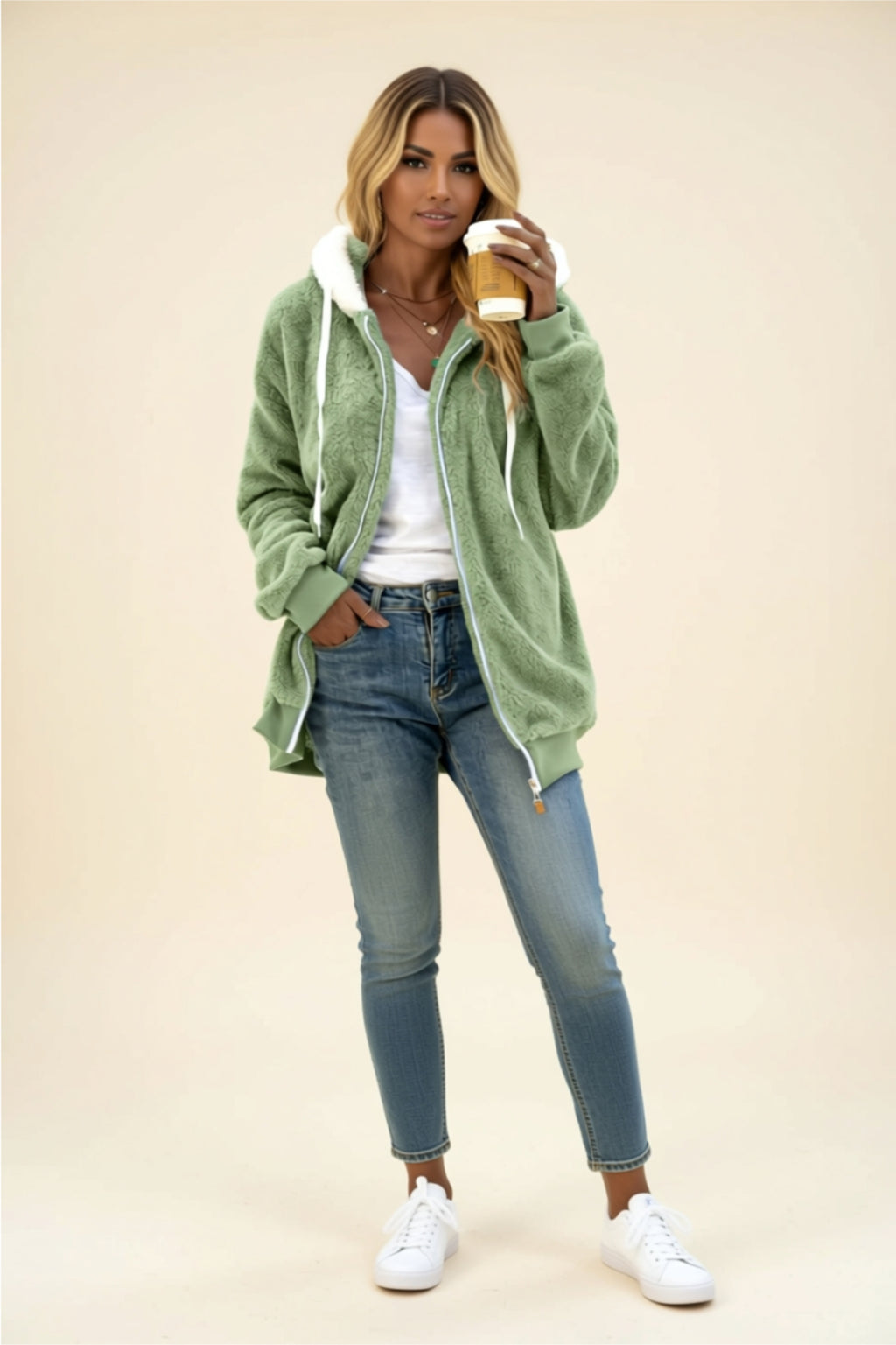 Fleece Zip-Up Hoodie with Drawstring