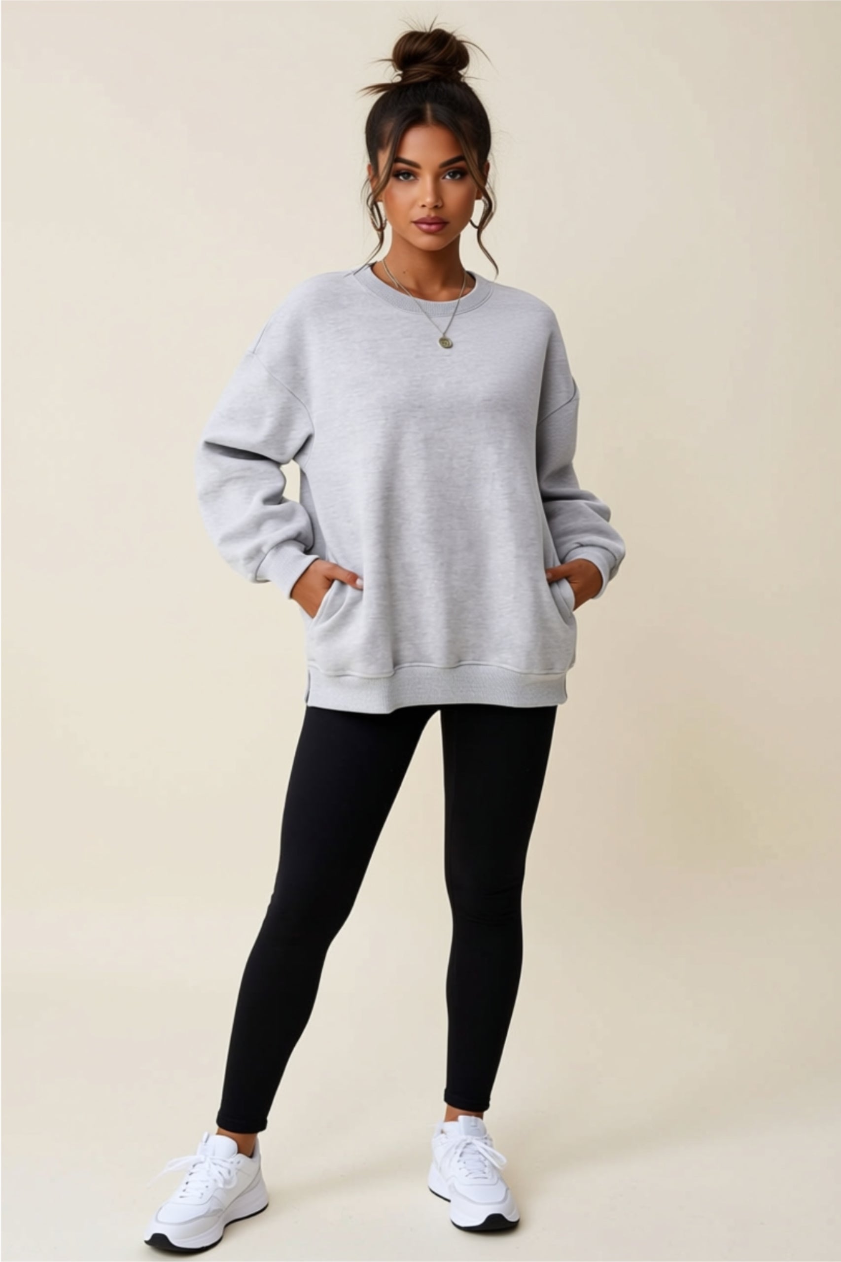 Oversized Long Sleeve Sweatshirt with Side Slits & Pockets
