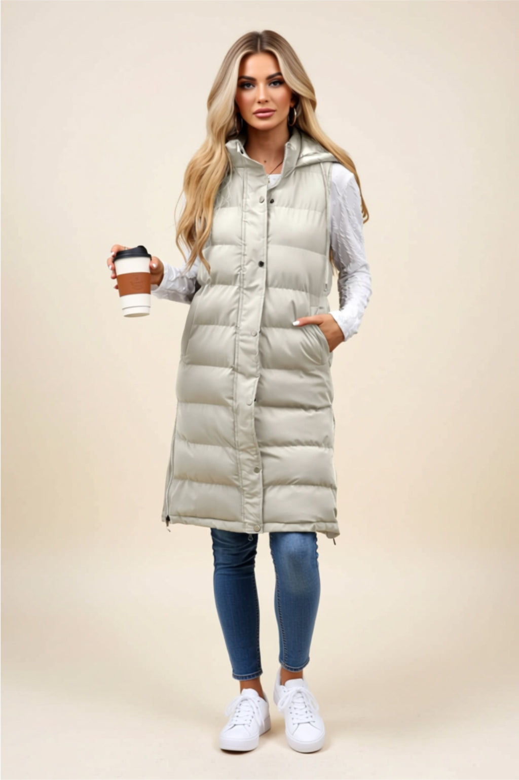 Longline Puffer Vest with Snap Buttons & Pockets