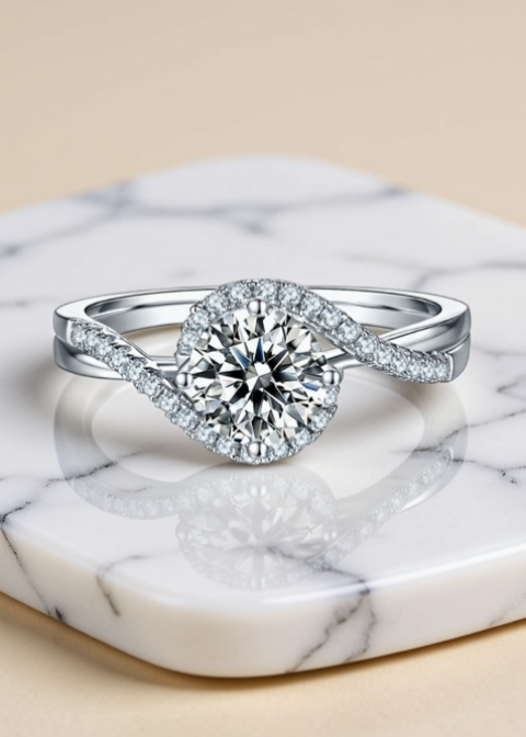 1 Carat Round Moissanite Halo Ring in Platinum-Plated 925 Sterling Silver