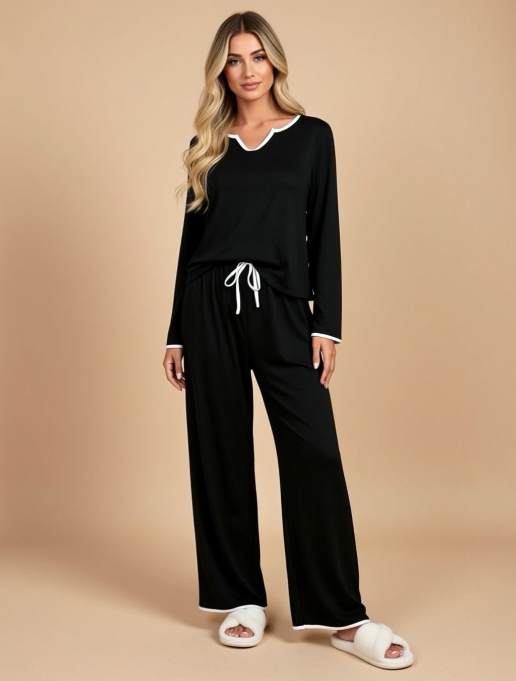 Zweiteiliges Lounge-Set in Schwarz mit Kordelzug in der Taille