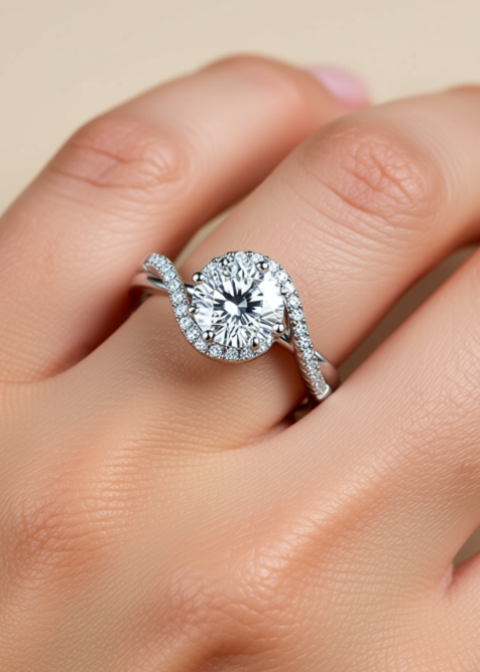 1 Carat Round Moissanite Halo Ring in Platinum-Plated 925 Sterling Silver