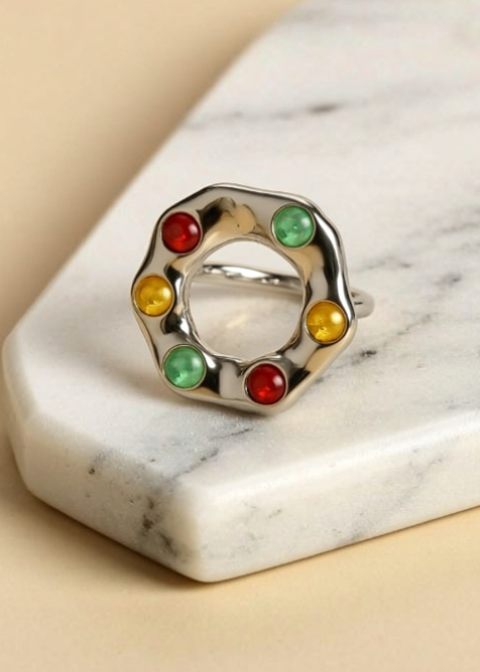 Adjustable Multicolor Glass Bead Statement Ring, Gold or Silver