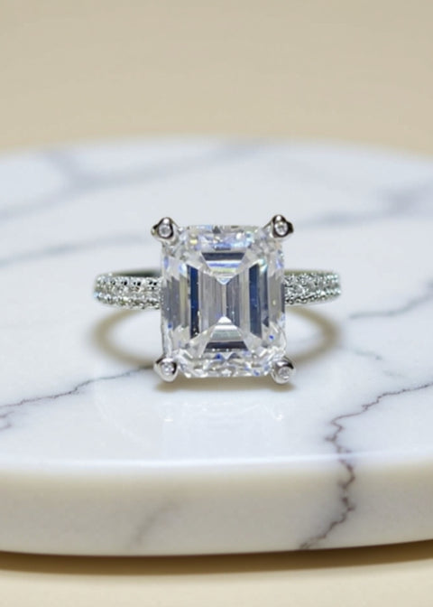 5CT Emerald-Cut Moissanite Engagement Ring in Platinum-Plated 925 Sterling Silver