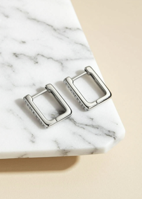 Rectangular Moissanite Huggie Hoop Earrings in .925 Sterling Silver