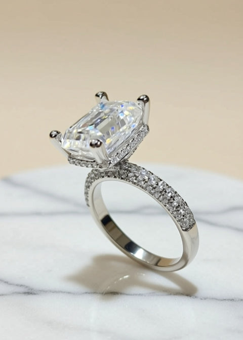 5CT Emerald-Cut Moissanite Engagement Ring in Platinum-Plated 925 Sterling Silver