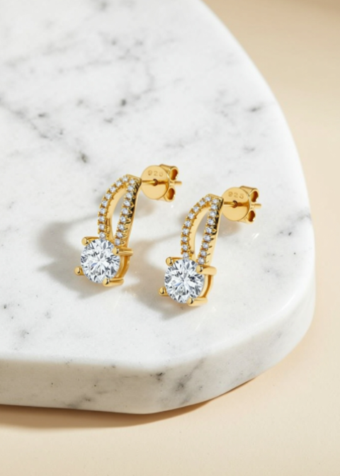 1 Carat Round Moissanite Drop Earrings in .925 Sterling Silver, Gold or Silver