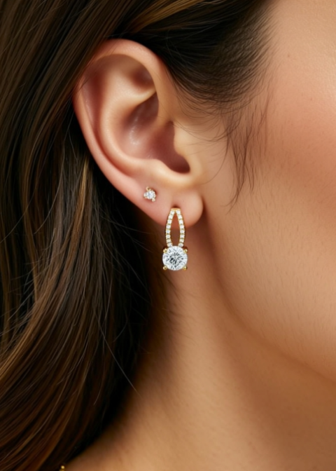1 Carat Round Moissanite Drop Earrings in .925 Sterling Silver, Gold or Silver