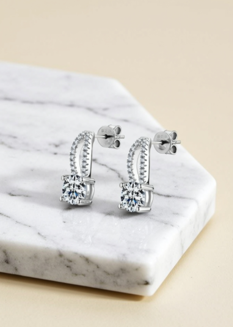 1 Carat Round Moissanite Drop Earrings in .925 Sterling Silver, Gold or Silver