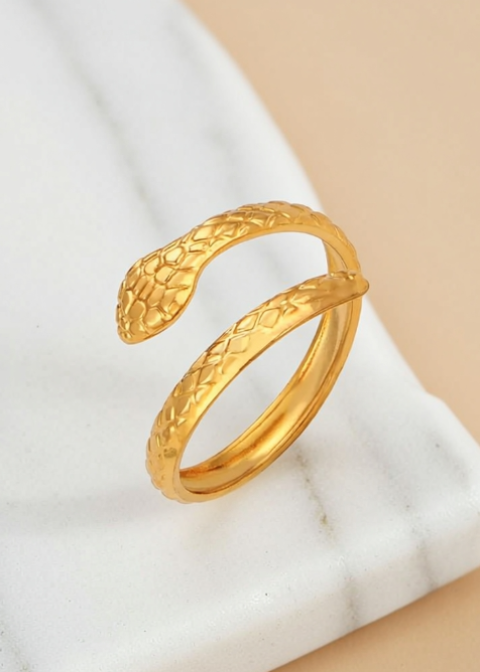 Adjustable Gold-Plated Snake Wrap Ring in Titanium Steel, Size 7