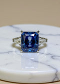 5CT Blue Moissanite Three-Stone Ring in Platinum-Plated 925 Sterling Silver