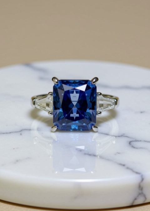 5CT Blue Moissanite Three-Stone Ring in Platinum-Plated 925 Sterling Silver