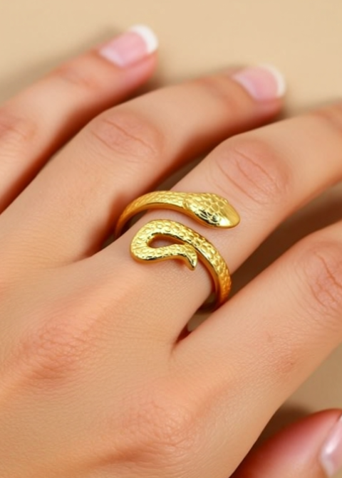 Adjustable Gold-Plated Snake Wrap Ring in Titanium Steel, Size 7