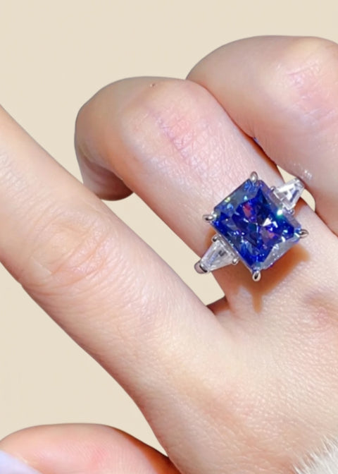 5CT Blue Moissanite Three-Stone Ring in Platinum-Plated 925 Sterling Silver