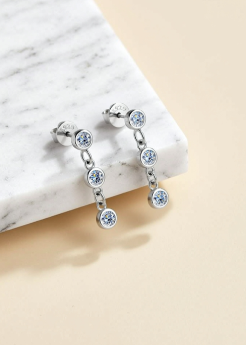 0.6 CT Moissanite Three-Stone Drop Earrings in Platinum-Plated Sterling Silver